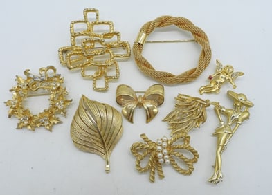 9 GOLD TONE VTG BROOCHES