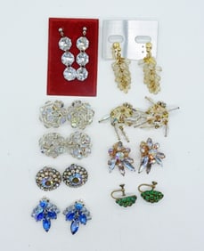 9 PAIR VTG RHINESTONE & BEAD EARRINGS