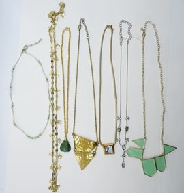(7) GREEN GEM GOLD TONE NECKLACES