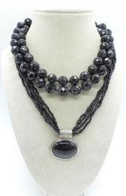 2 VINTAGE BLACK BEADED NECKLACES