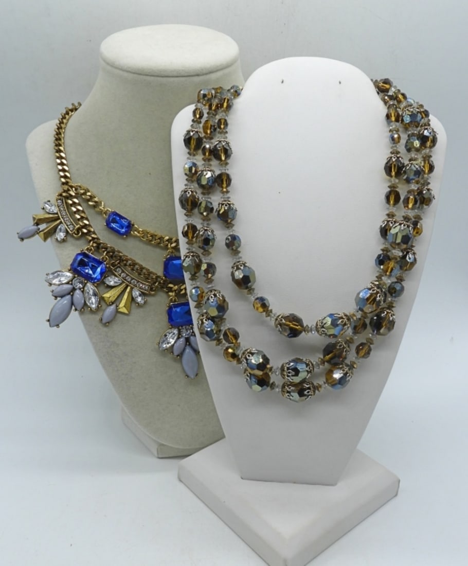 GLASS BEADED & RHINESTONE NECKLACES: GORGEOUS GOLD TONE SMOKEY QUARTZ GLASS BEADED NECKLACE 17". BLUE RHINESTONE, GOLD TONE NECKLACE 20"