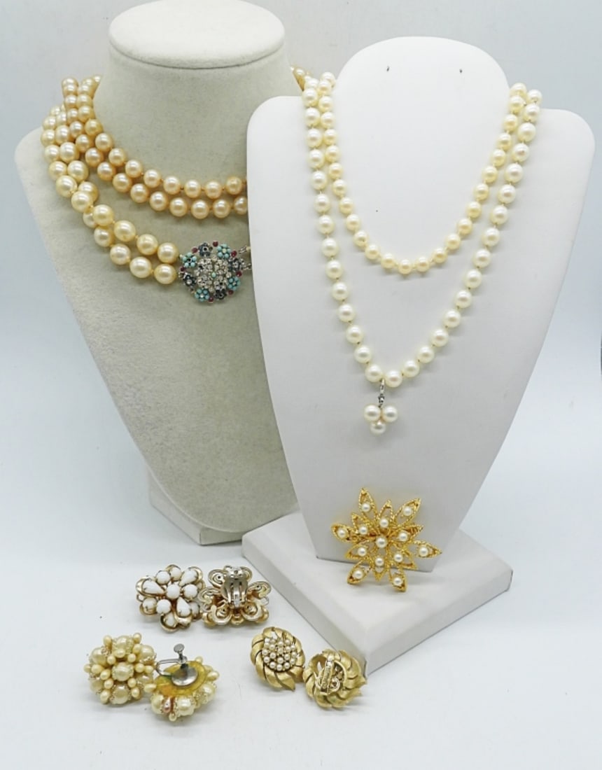 TRIFARI VTG EARRINGS & VTG PEARLS: FOUR VINTAGE PEARL NECKLACES. 15" & 16". ONE GOLD TONE BROOCH. ONE PAIR GOLD TONE PEARL TRIFARI CLIP ON EARRINGS. 2 OTHER VINTAGE PAIR OF CLIP ONS