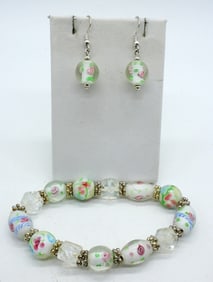 WHITE BEADED BRACELET EARRING SET