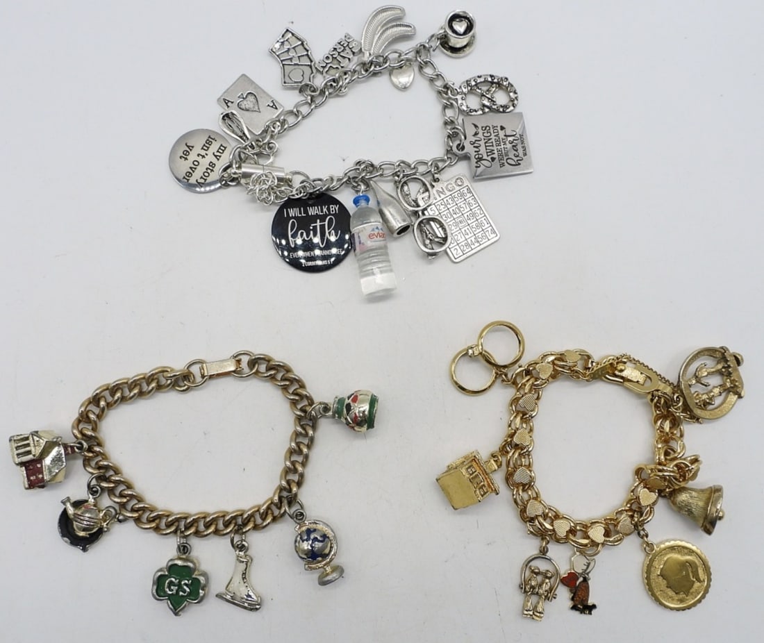 3 CUTE FASHION CHARM BRACELETS: 6", 7" & 8" FASHION CHARM BRACELETS. SOME REALLY CUTE CHARMS!