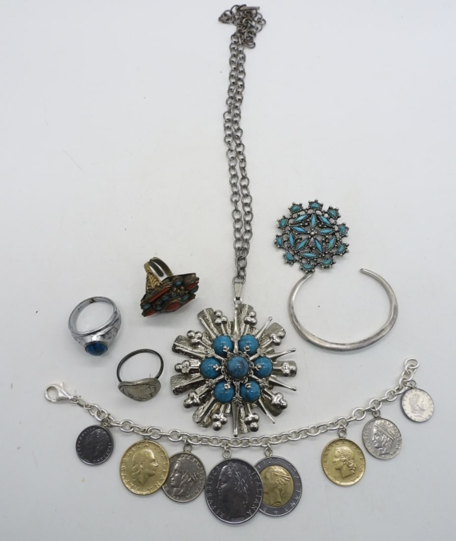 SOUTHWEST COSTUME JEWELRY: ONE NECKLACE, 20" TWO BRACELETS, 6" & 8". THREE RINGS, SIZES 10 & 13. ONE PIN, 2".