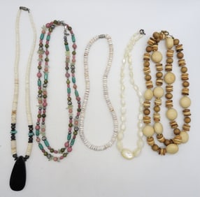 5 WOODEN, SHELL & GEMSTONE NECKLACES