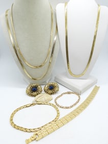(8) GOLD TONE NECKLACES, BRACELETS +