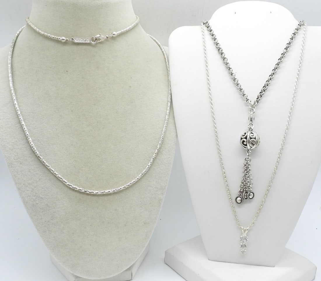 BRIGHTON NECKLACE & 2 OTHERS: BRIGHTON SILVER TONE NECKLACE, 18", TASSEL ADDS 3". NAPIER SILVERTONE CHAIN, 28". DIAMOND LIKE NECKLACE, 18".
