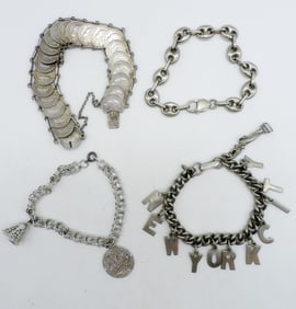 4 SILVER TONE BRACELETS, CHARMS & MORE