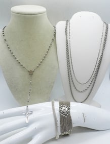SILVERTONE CHAINS, BRACELETS & ROSARY