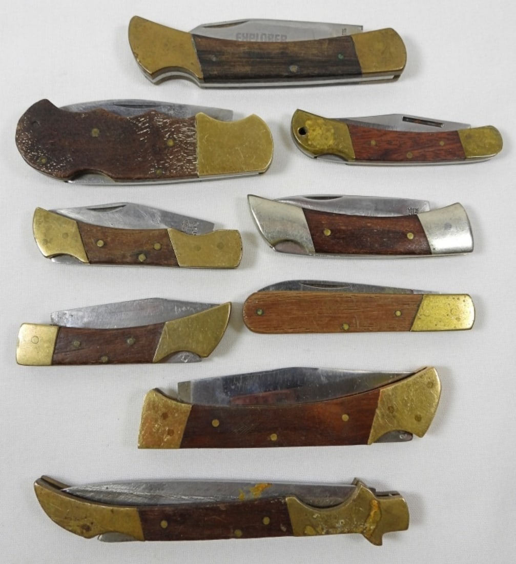 (9) WOOD HANDLE LOCKBACK KNIFE LOT (1 of 4)