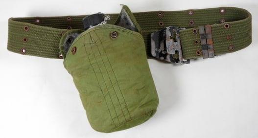 VINTAGE MILITARY CANVAS BELT ALUMINUM CANTEEN