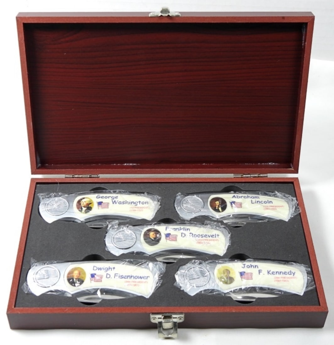 5 PIECE PRESIDENTIAL KNIFE SET: 5 PIECE PRESIDENTIAL KNIFE SET COLLECTORS FOLDING KNIVES JFK FDR AMERICANA