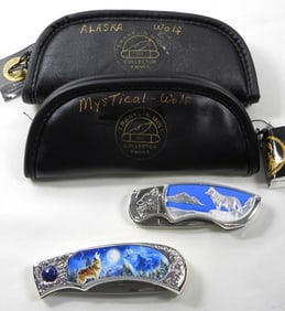 2 VINTAGE PAINTED ENGRAVED "WOLF" KNIVES