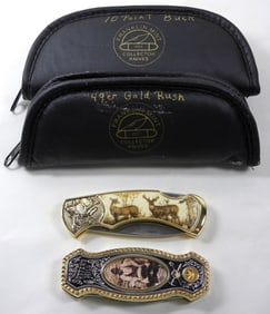 2 VINTAGE PAINTED/ENGRAVED "BUCK/GOLD RUSH" KNIFE