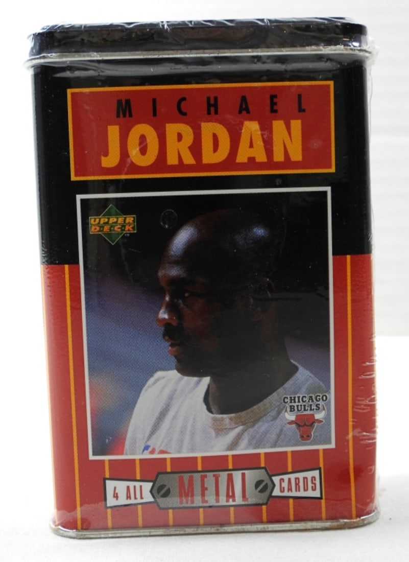 UPPER DECK MICHAEL JORDAN METAL CARDS: Sealed metal tin with 4 collectible metal Michael Jordan cards