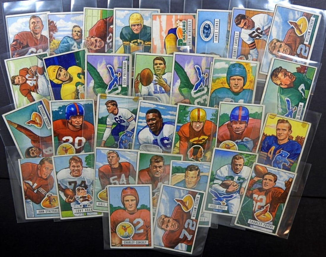 (31) 1951 BOWMAN FOOTBALL CARD LOT: ALL DIFFERENT - MOSTLY EX/VGEX with SOME LESSER / TAPE - MANY SEMI-STARS INCLUDED