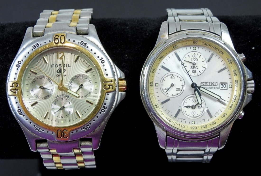 (2) CHRONOGRAPH MEN'S WATCHES: SEIKO & FOSSIL BLUE - BOTH UNTESTED