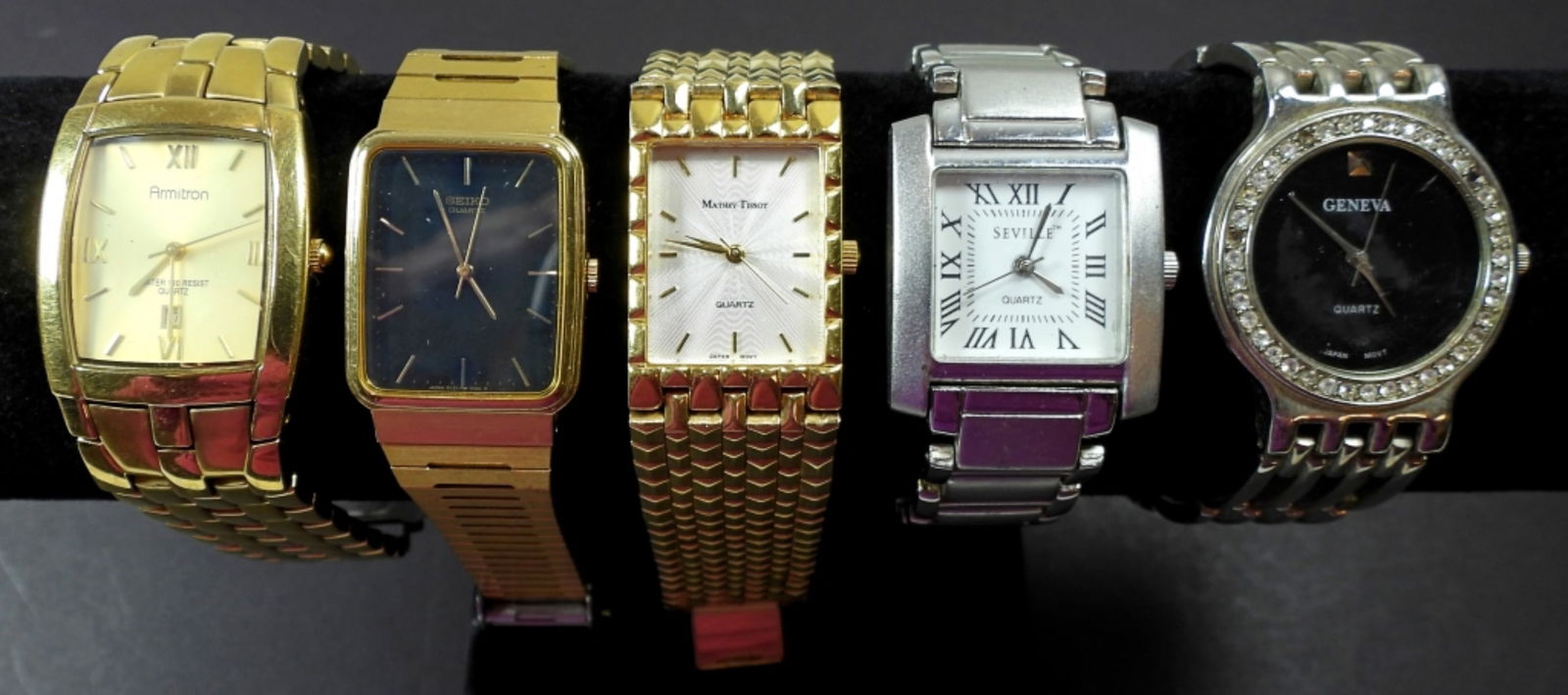 (5) QUARTZ MEN'S DRESS WATCHES: NICE OVERALL CONDITION - UNTESTED - MATHEY TISSOT, ARMITRON, SEIKO, GENEVA & SEVILLE