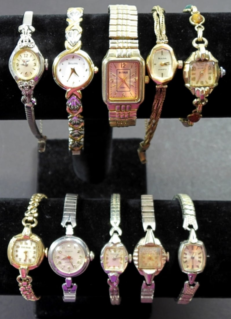 10 WOMENS GOLD/SILVER TONE WATCHES: 10 WOMENS GOLD/SILVER TONE WATCHES, BRANDS BULOVA/BENRUS, ALL UNTESTED