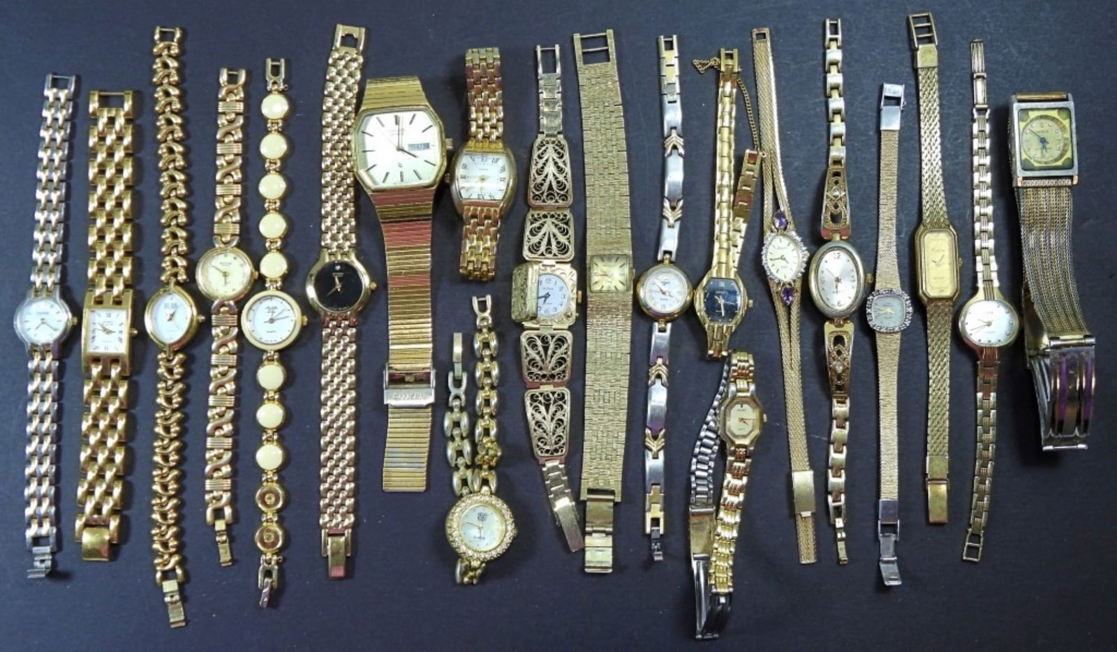 20 GOLD TONED WOMENS WATCHES: 20 GOLD TONED WOMENS WATCHES, UNTESTED, MAY NEED WORK, BRANDS (PULSAR, WESTAR, AND MORE)