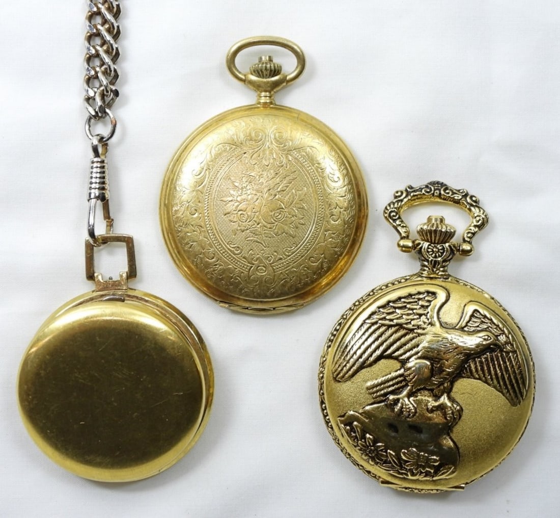 (3) QUARTZ POCKET WATCHES - EAGLE &: PULSAR engraved inside< JURGENSON missing CROWN - UNTESTED LOT