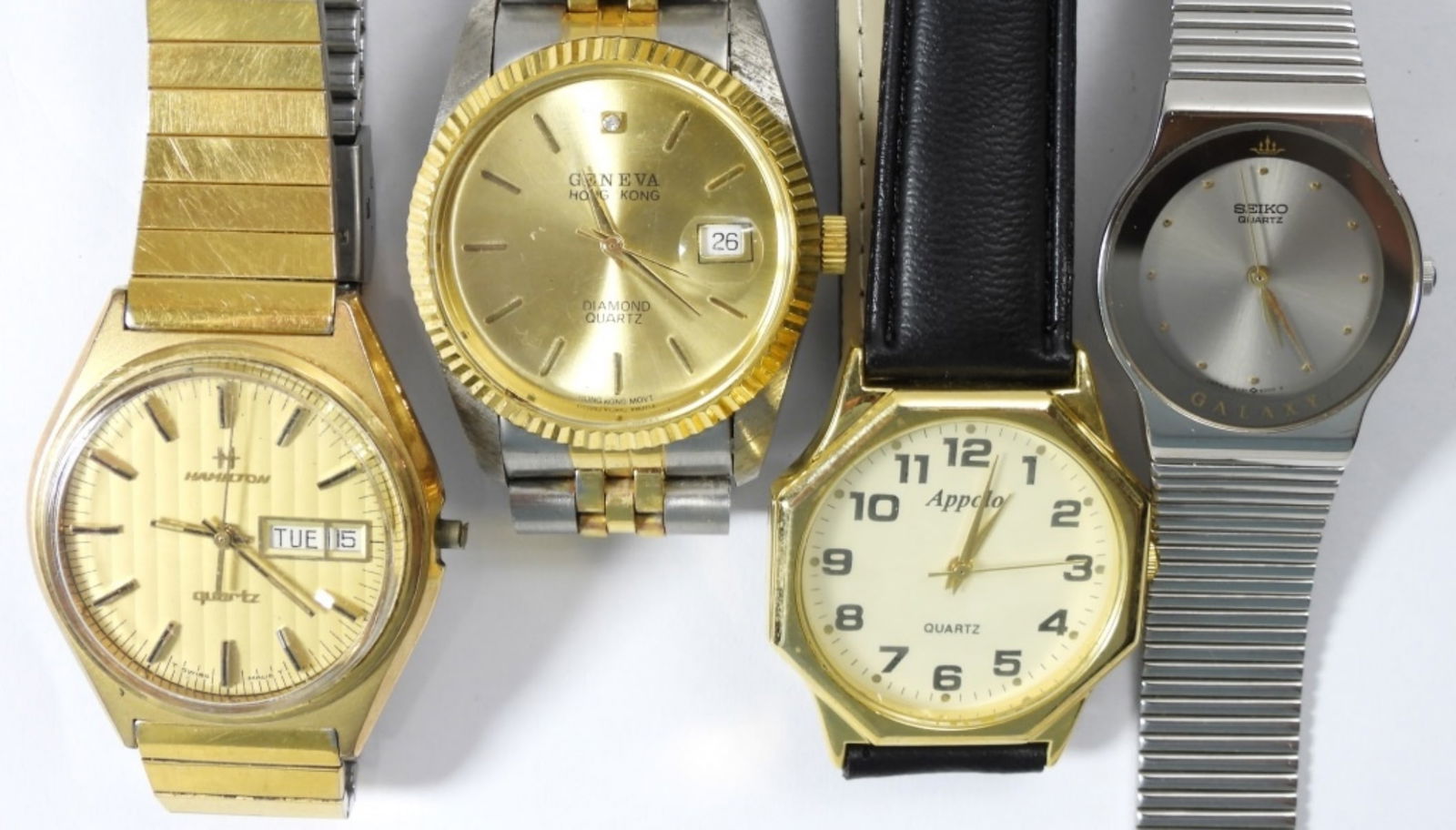 (4) QUARTZ WRIST WATCHES, HAMILTON: GENEVA, SEIKO & APPOLO - ALL UNTESTED NICE CONDITION OVERALL