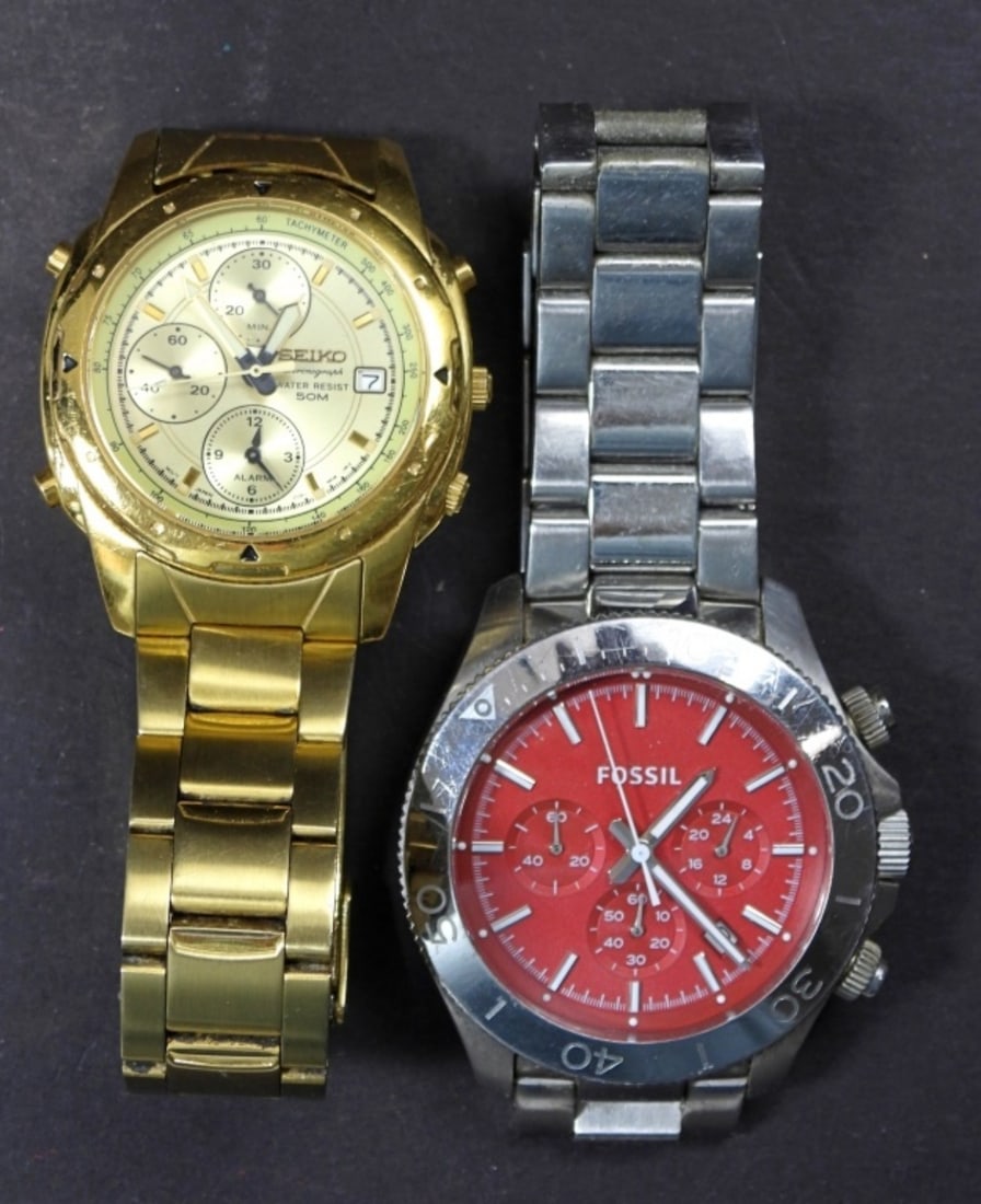 (2) MEN's CHRONOGRAPH WATCHES: SEIKO 50m & FOSSIL - UNTESTED