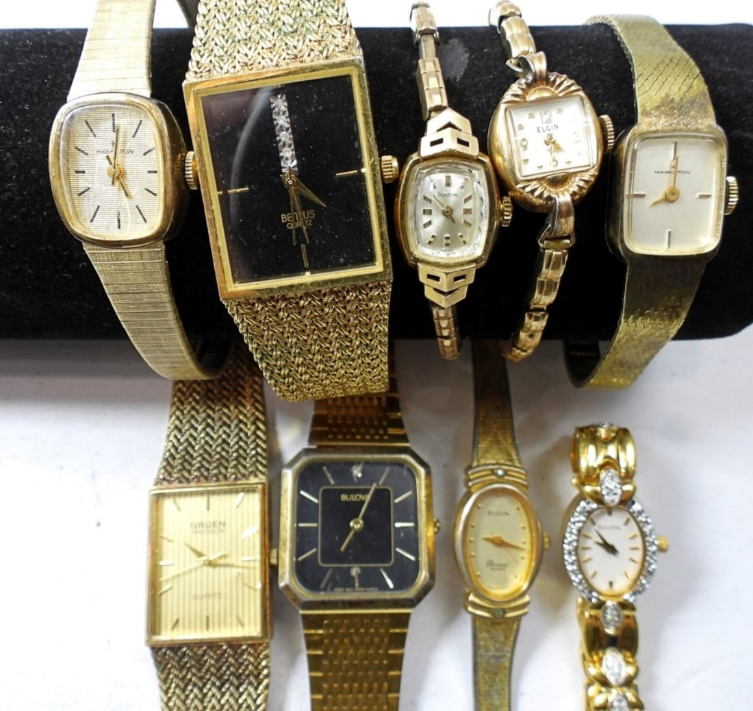 10 VARIETY WOMENS GOLD TONE WATCHES: 10 VARIETY WOMENS GOLD TONE WATCHES, BRANDS (BULOVA, ELGIN, AND MORE) UNTESTED