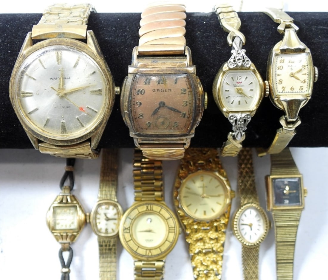 10 VARIETY WOMENS GOLD TONE WATCHES: 10 VARIETY WOMENS GOLD TONE WATCHES, BRANDS (BULOVA, ELGIN, AND MORE) UNTESTED