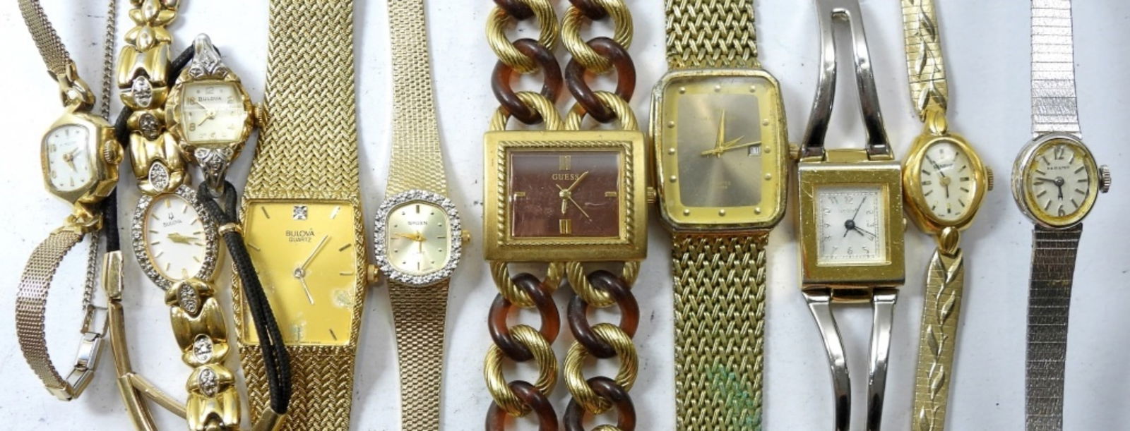 10 VARIETY WOMENS GOLD TONE WATCHES: 10 VARIETY WOMENS GOLD TONE WATCHES, BRANDS (BULOVA, ELGIN, AND MORE) UNTESTED