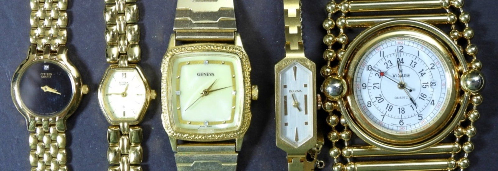 (5) GOLD TONE FASHION WATCHES: PRETTY FASHION LOT - UNTESTED