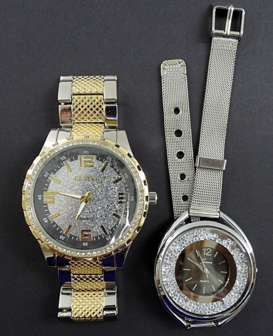 (2) GENEVA QUARTZ BLING WRIST WATCHES: VERY PRETTY - PRE OWNED LIKE NEW - UNTESTED - NEEDS NEW BATTERY