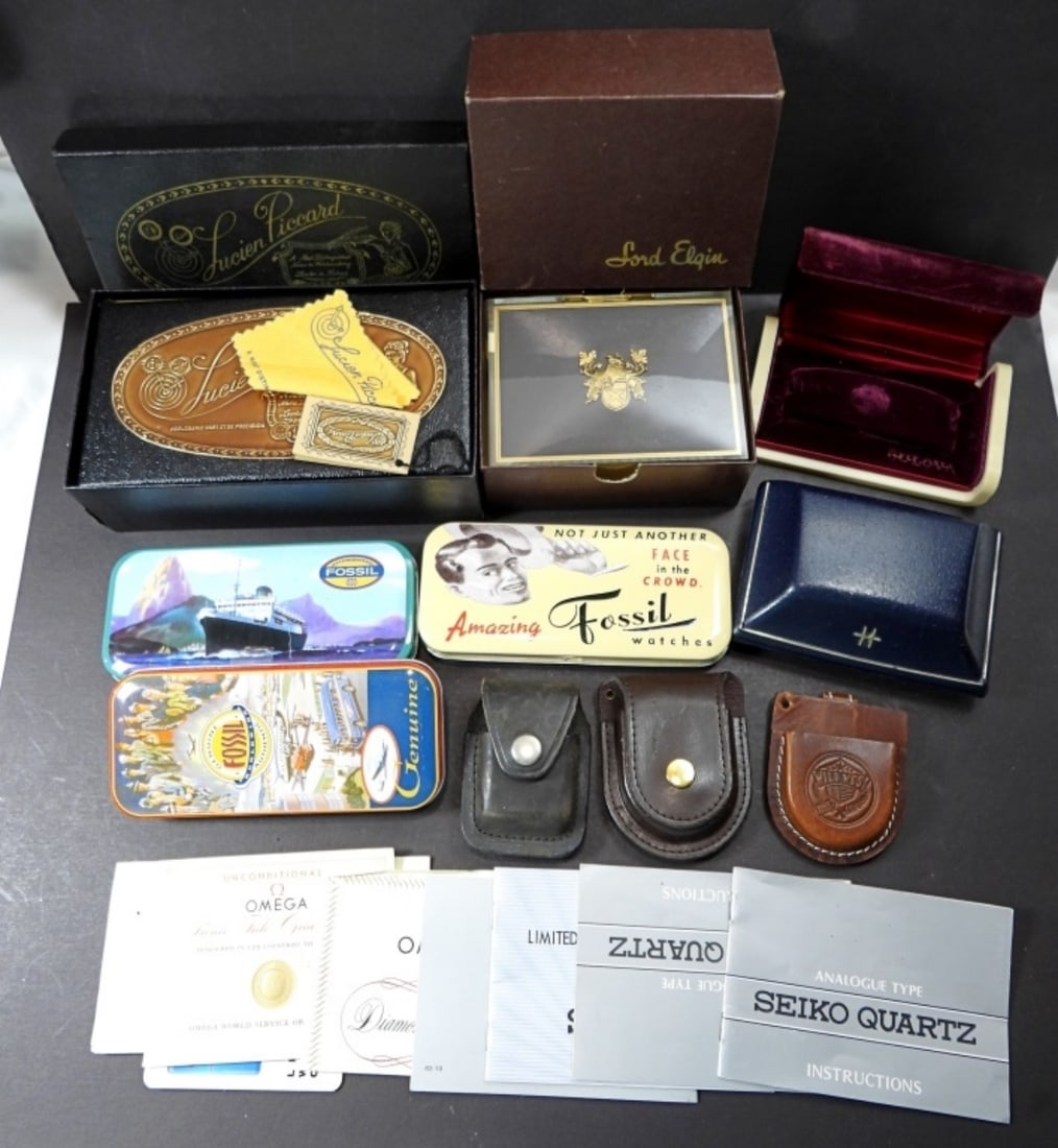 VINTAGE WATCH BOXES & PAPERS: LADY ELGIN, LUCIERN PAICCARD, FOSSIL & MORE - "NO WATCHES" - WATCH MANS LOT