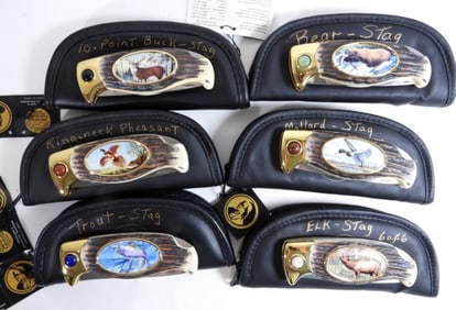 (6) Franklin Mint Stag Knives w/ Pouches