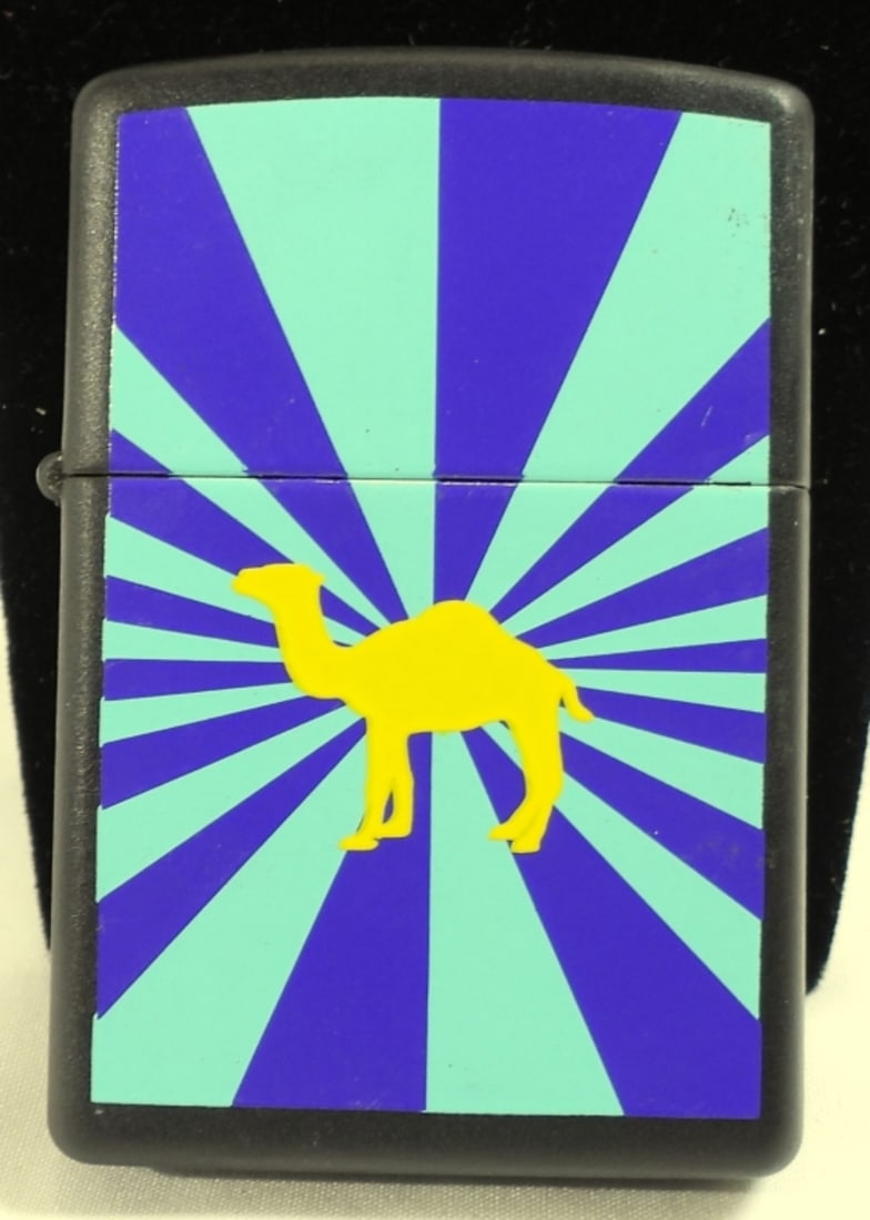 Unsealed Unfired Camel Burst Zippo: Unsealed, unfired Camel burst Zippo