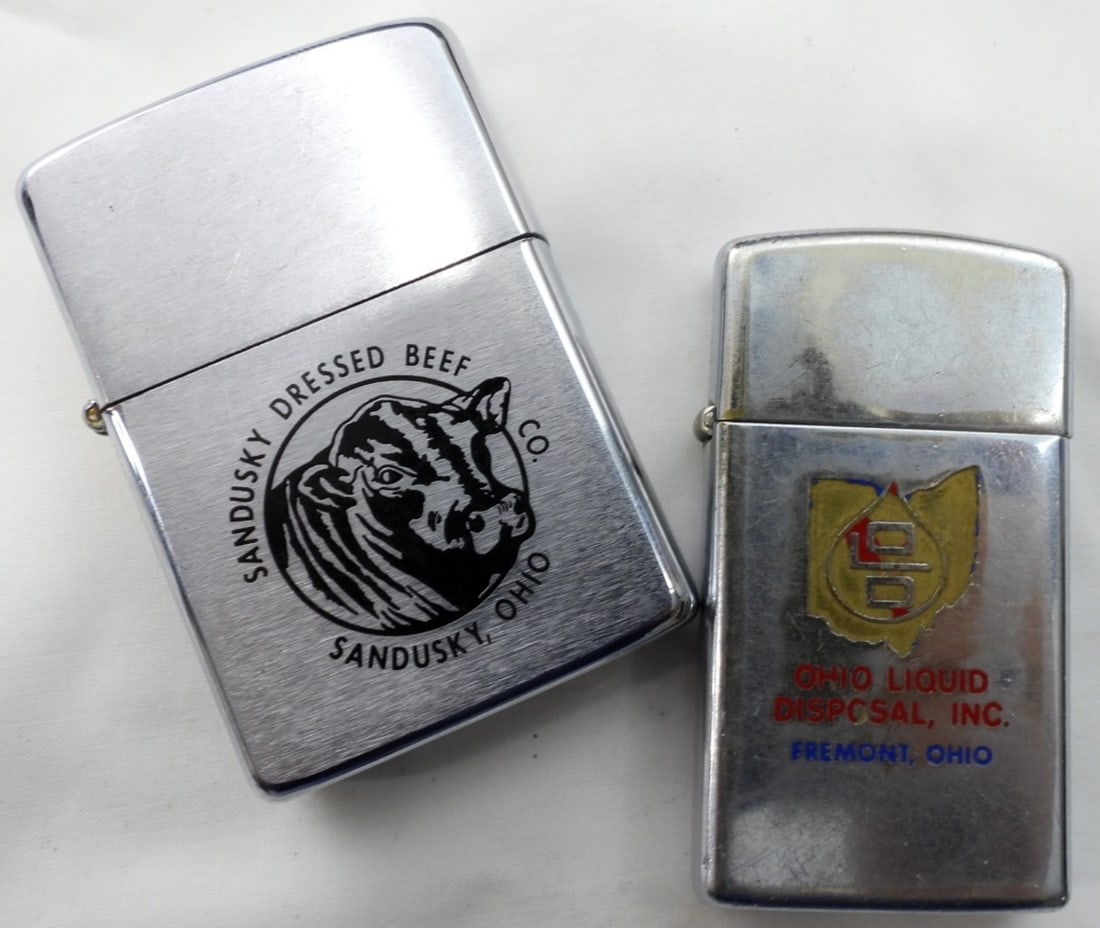 (2) Ohio Business Advertising Zippos: Unsealed and fired Ohio Business advertising Zippos