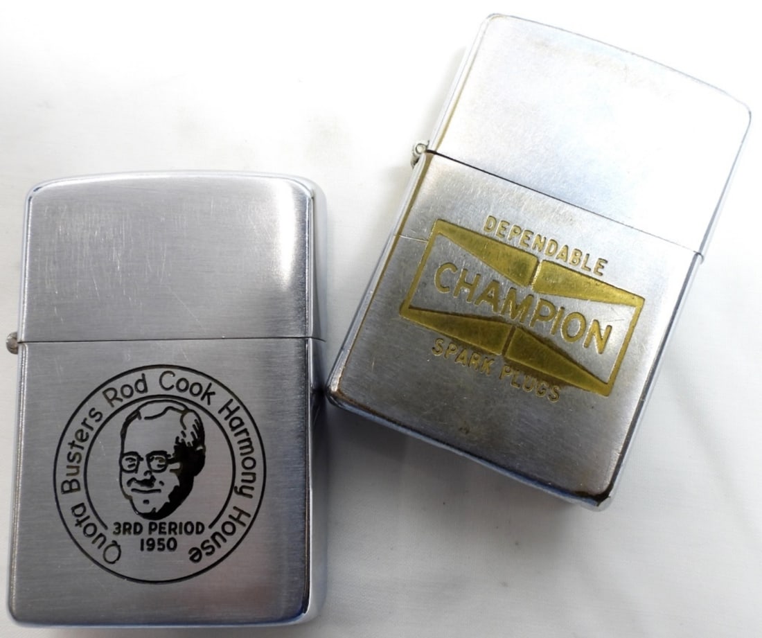 (2) Business Advertising Zippos: 2 unsealed and fired business advertising Zippos