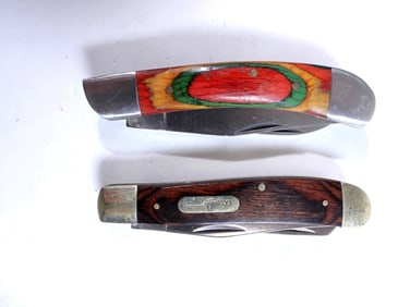 (2) WOODEN HANDLE FOLDING KNIVES