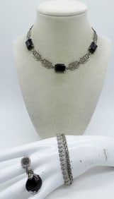 VTG STERLING & BLACK GEMSTONES SET