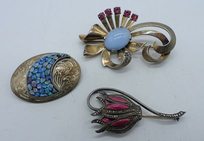 3 GEMSTONE 925 VINTAGE BROOCHES