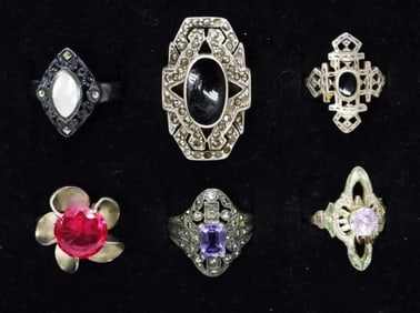(6) STERLING RINGS, AMETHYST, ONYX, MOP