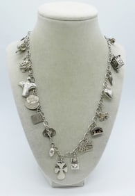 STERLING CHARM NECKLACE, 18 CHARMS