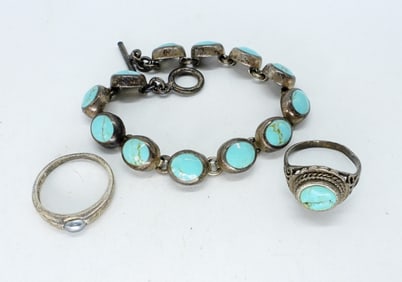 VTG 925 TURQUOISE BRACELET, RINGS