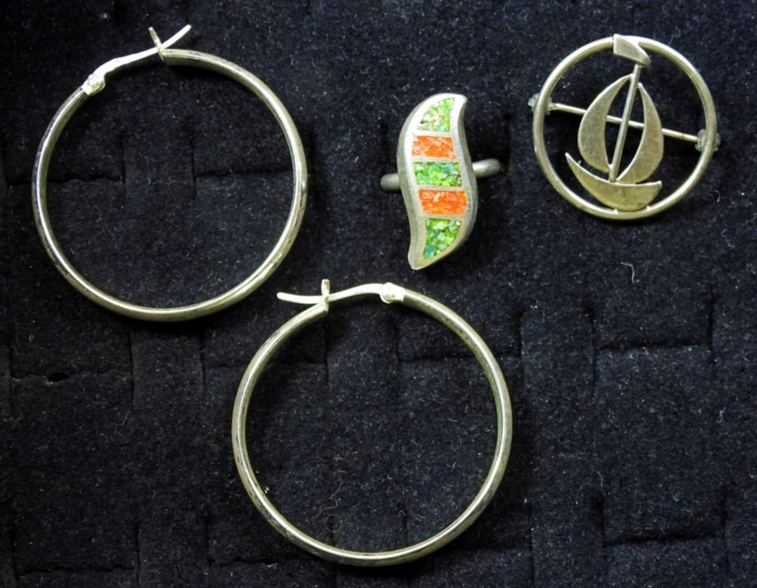 STERLING SAIL BOAT PIN, HOOP EARRINGS &: SIZE 6.5 RING (10 DWT)