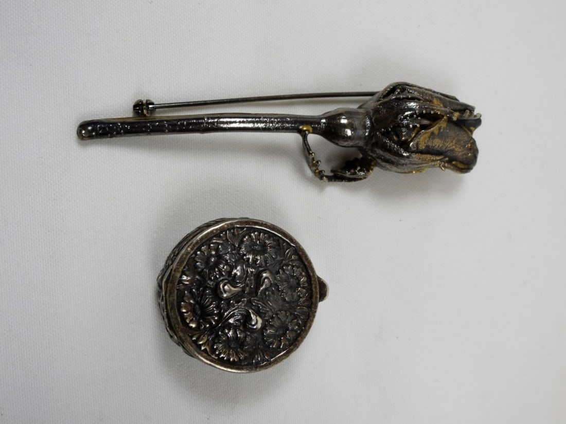 ASKHIM 925 ROSE PIN & 925 PILL BOX: 22 DWT