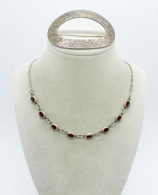 GARNET 925 NECKLACE & VTG BROOCH
