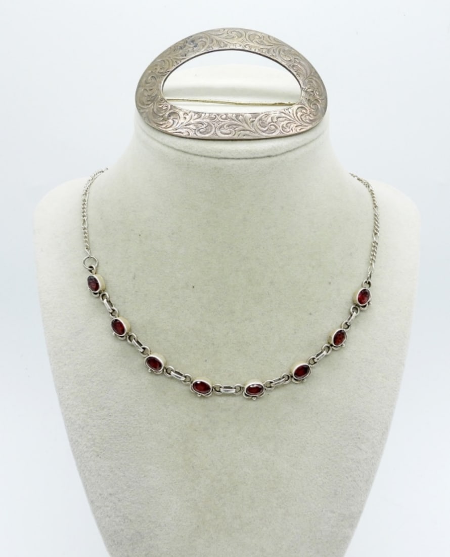 GARNET 925 NECKLACE & VTG BROOCH (1 of 3)