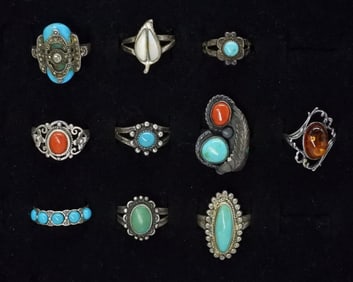 (10) 925 TURQUOISE, AMBER, MOP RINGS