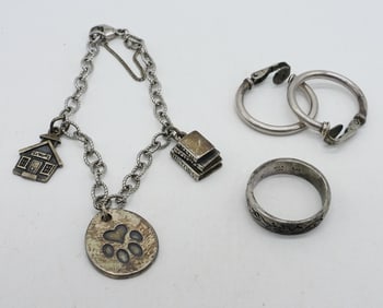 VTG 925 CHARM BRACELET, EARRINGS, RING